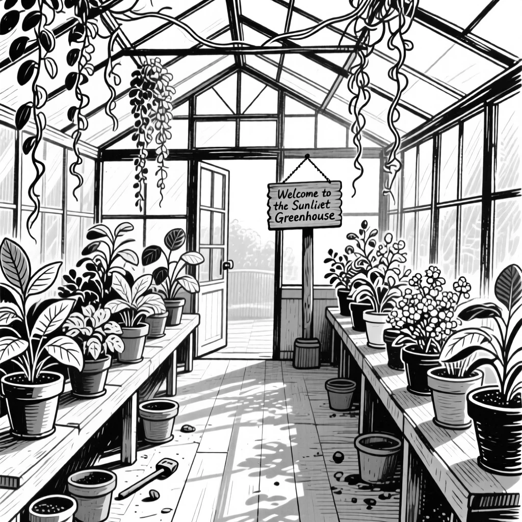 A sunlit greenhouse filled with rows of potted plants and hanging vines.