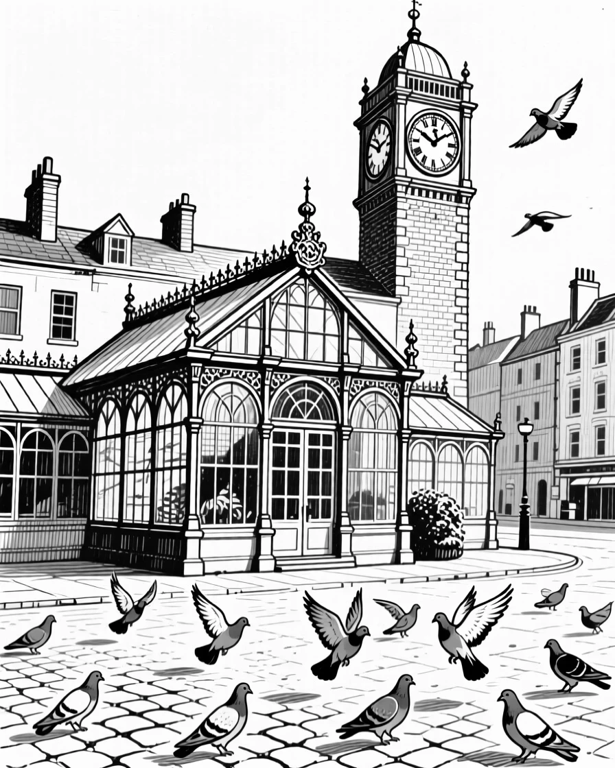 A victorian greenhouse conservatory as pigeons scatter across the square, featuring a clock tower rising above the rooftops, rendered in a peacefully picturesque architectural composition.