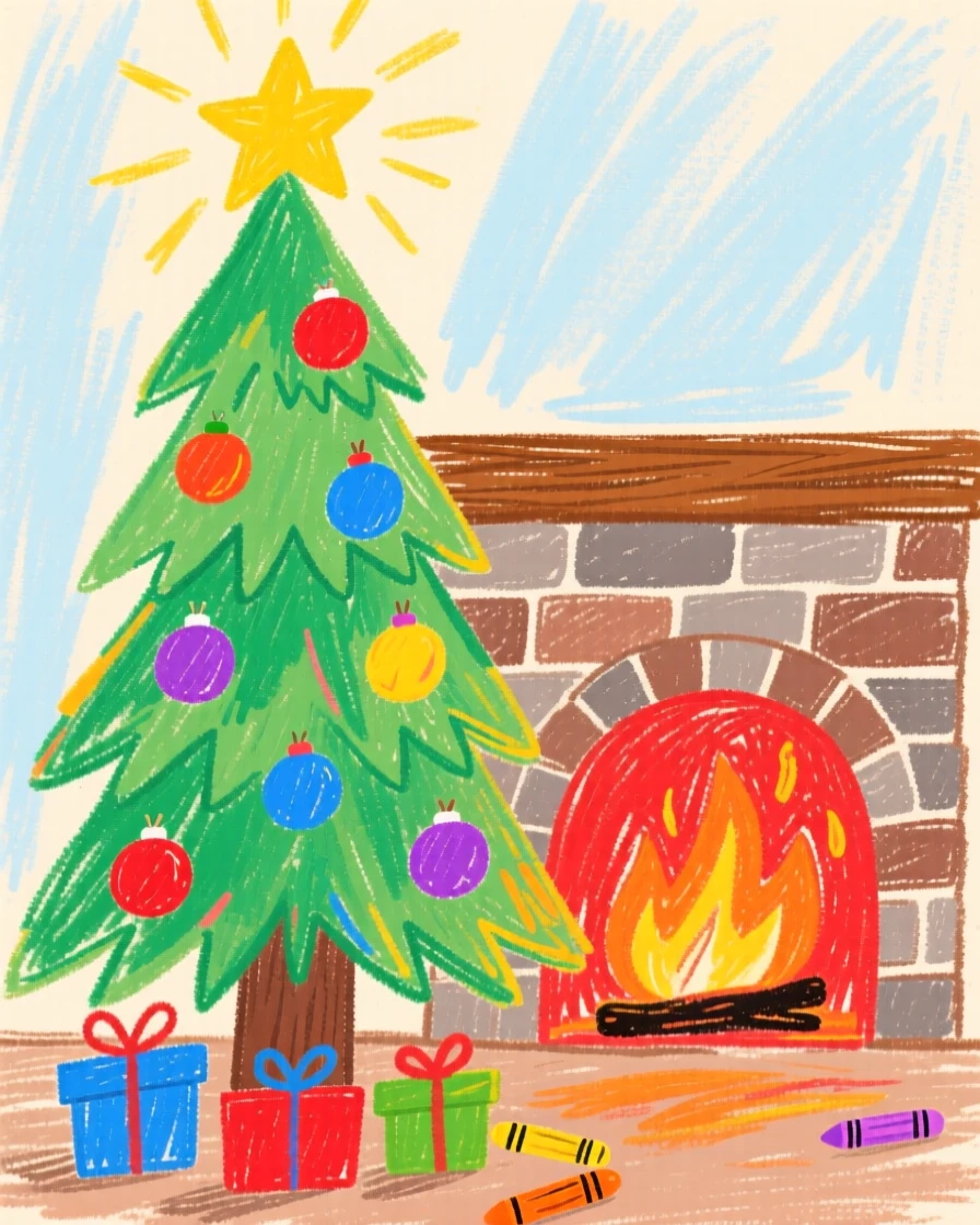 A decorated Christmas tree glowing beside a crackling fireplace.