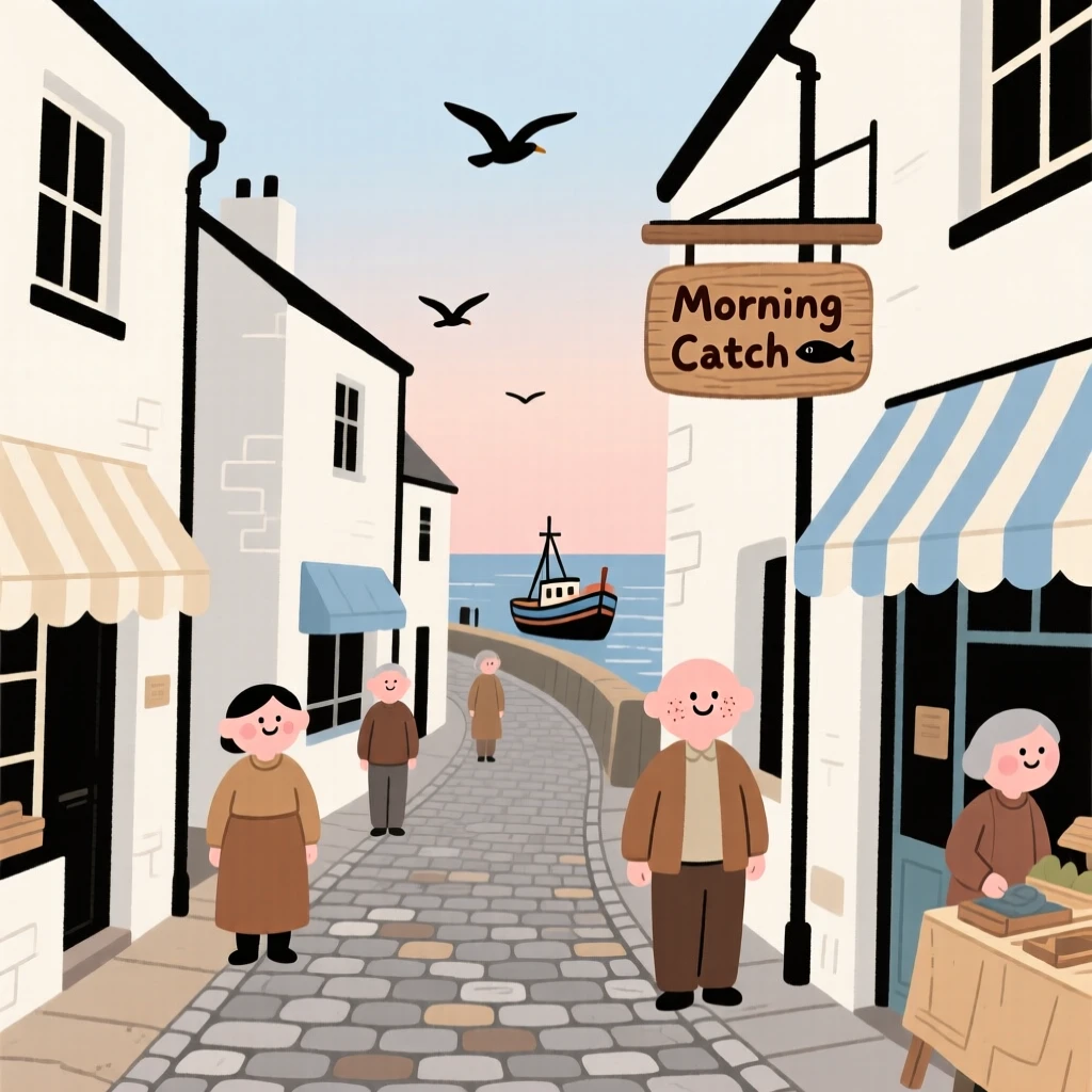 A cobblestone lane winds through a small coastal fishing village lined with whitewashed buildings and striped awnings, quiet in the early morning light.