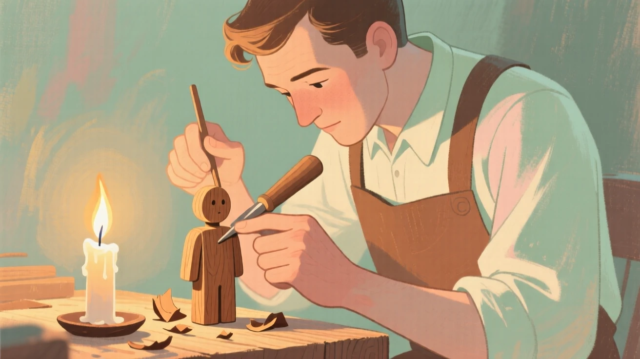 A woodcarver whittling a small figure by candlelight