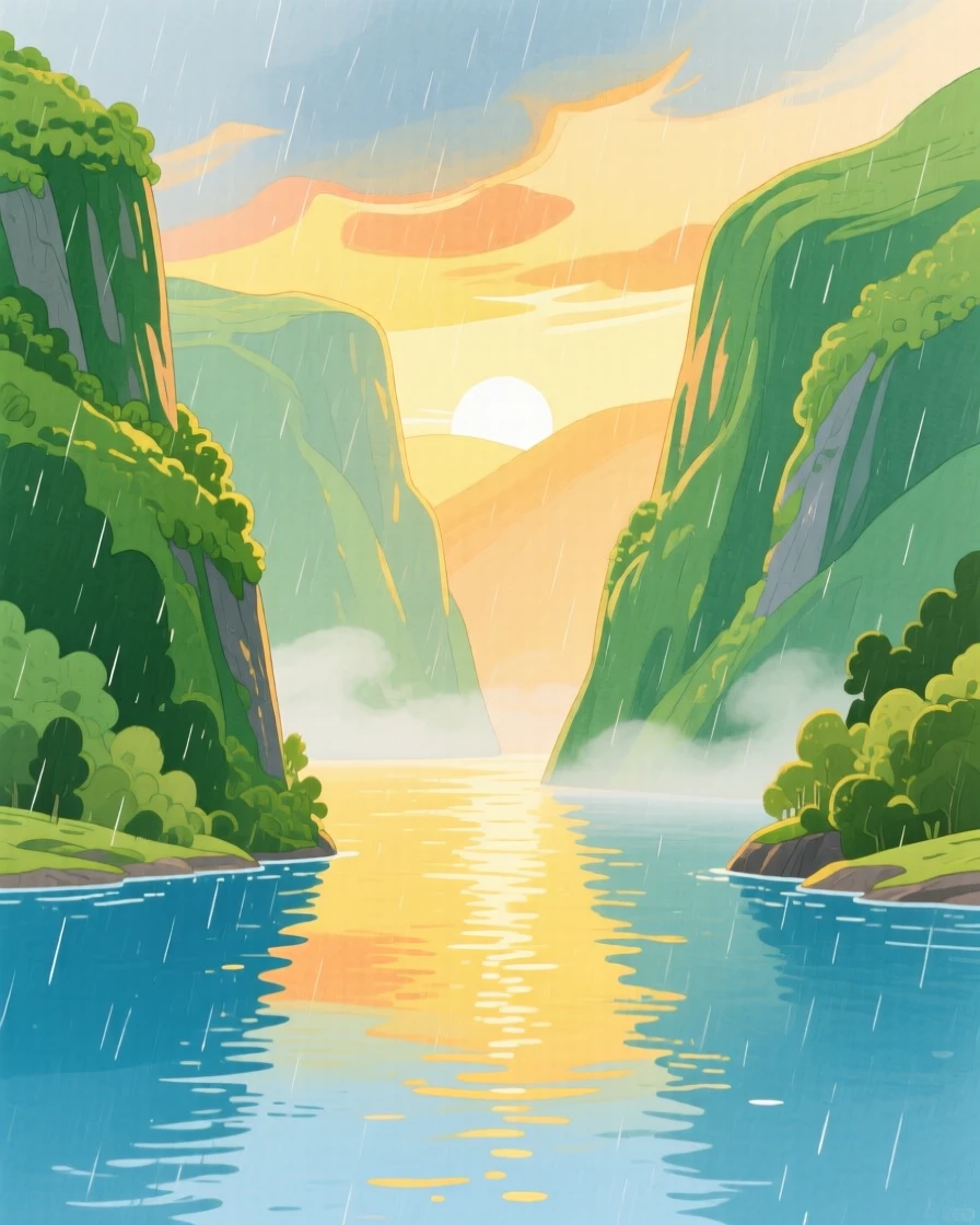 A quiet fjord between steep green cliffs bathed in warm light just after a summer storm.
