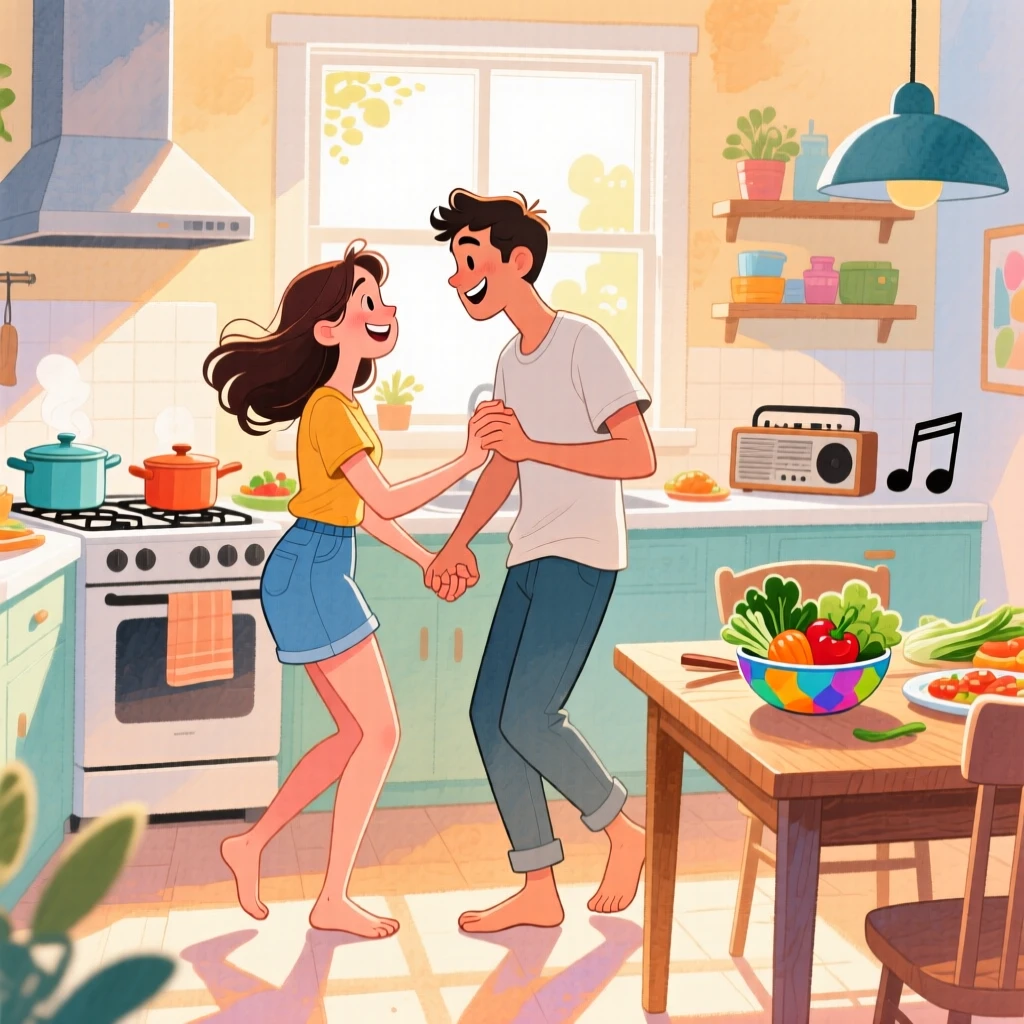 A young couple dancing barefoot in their kitchen while cooking dinner, in a sunlit apartment kitchen with music playing, with hands clasped together tightly, playful romance and everyday happiness.