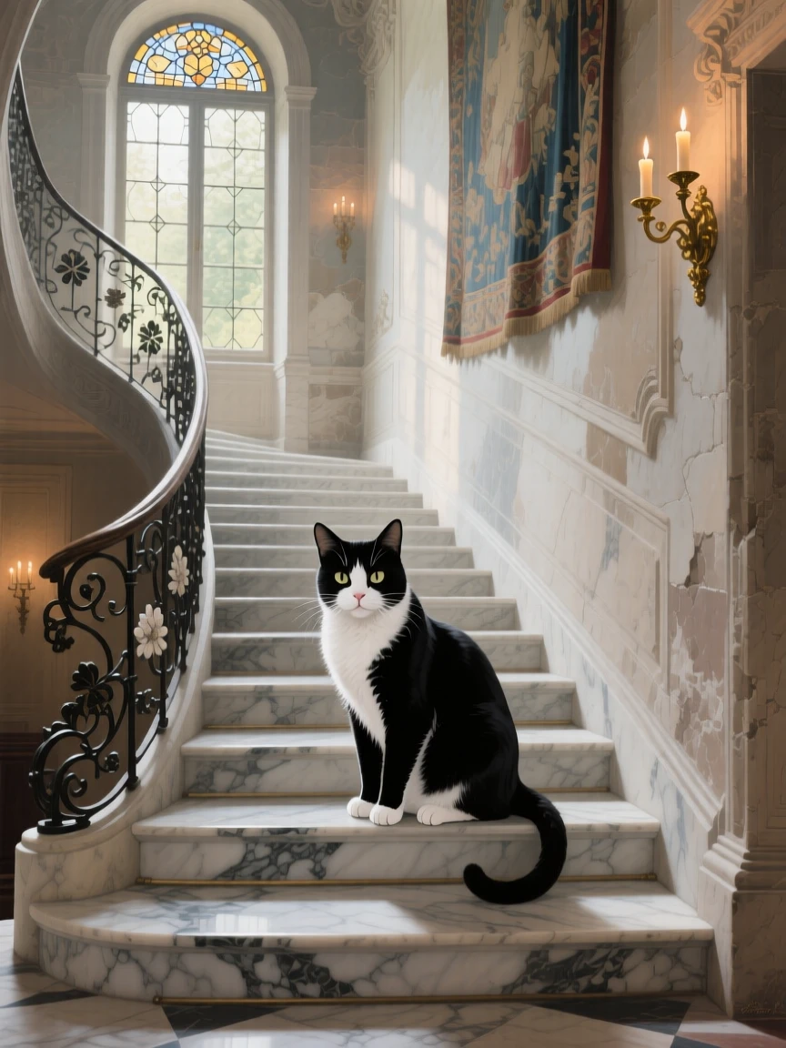 An elegant black and white cat sits perfectly poised on a marble staircase in an old European mansion, its posture almost statuesque, the moment captured with a sense of calm intimacy despite the wild setting.