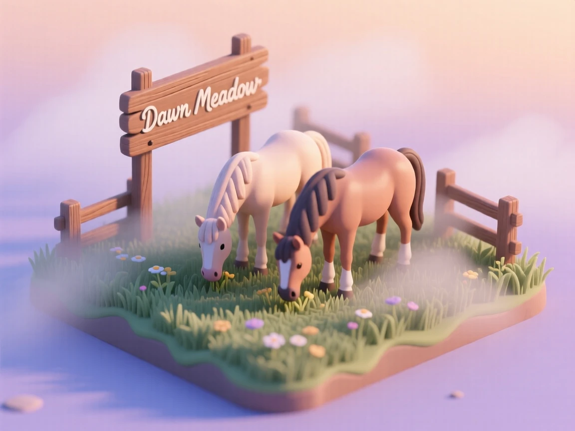 A pair of horses grazing peacefully in a misty meadow at dawn, their manes catching the first light of morning.