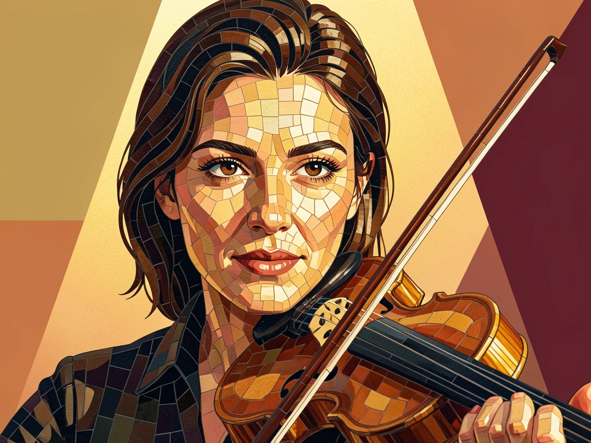 A close-up emotional portrait of a violinist performing passionately under a warm spotlight, with striking eyes and gentle expression.
