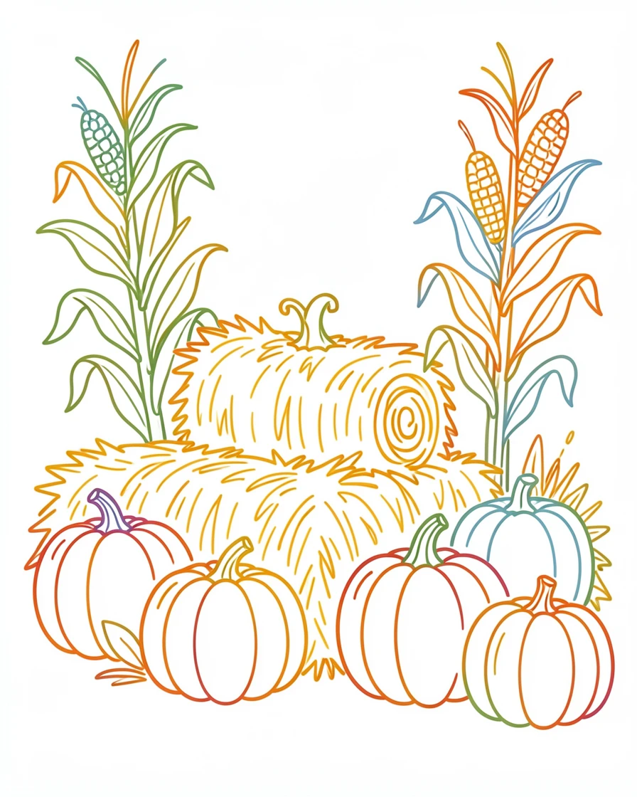 A harvest festival scene with pumpkins, hay bales, and cornstalks arranged for display.