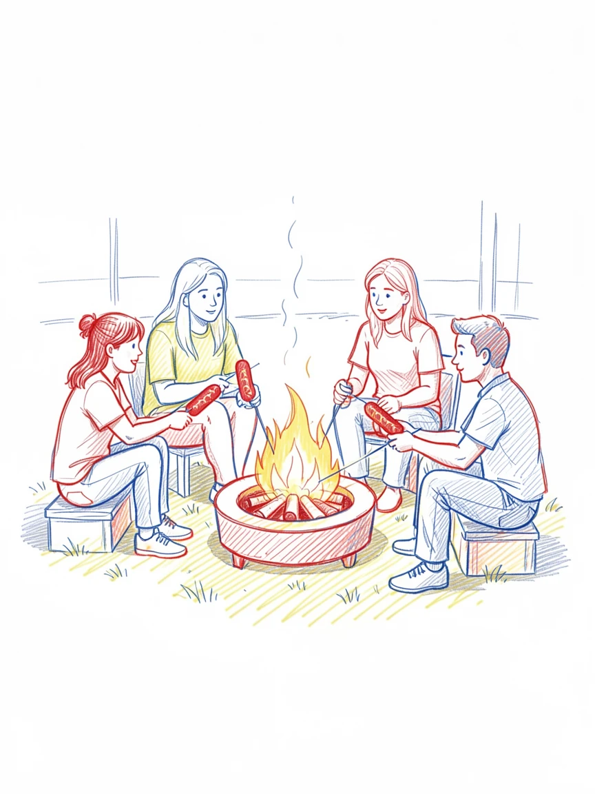 A family roasting hot dogs over a backyard fire pit