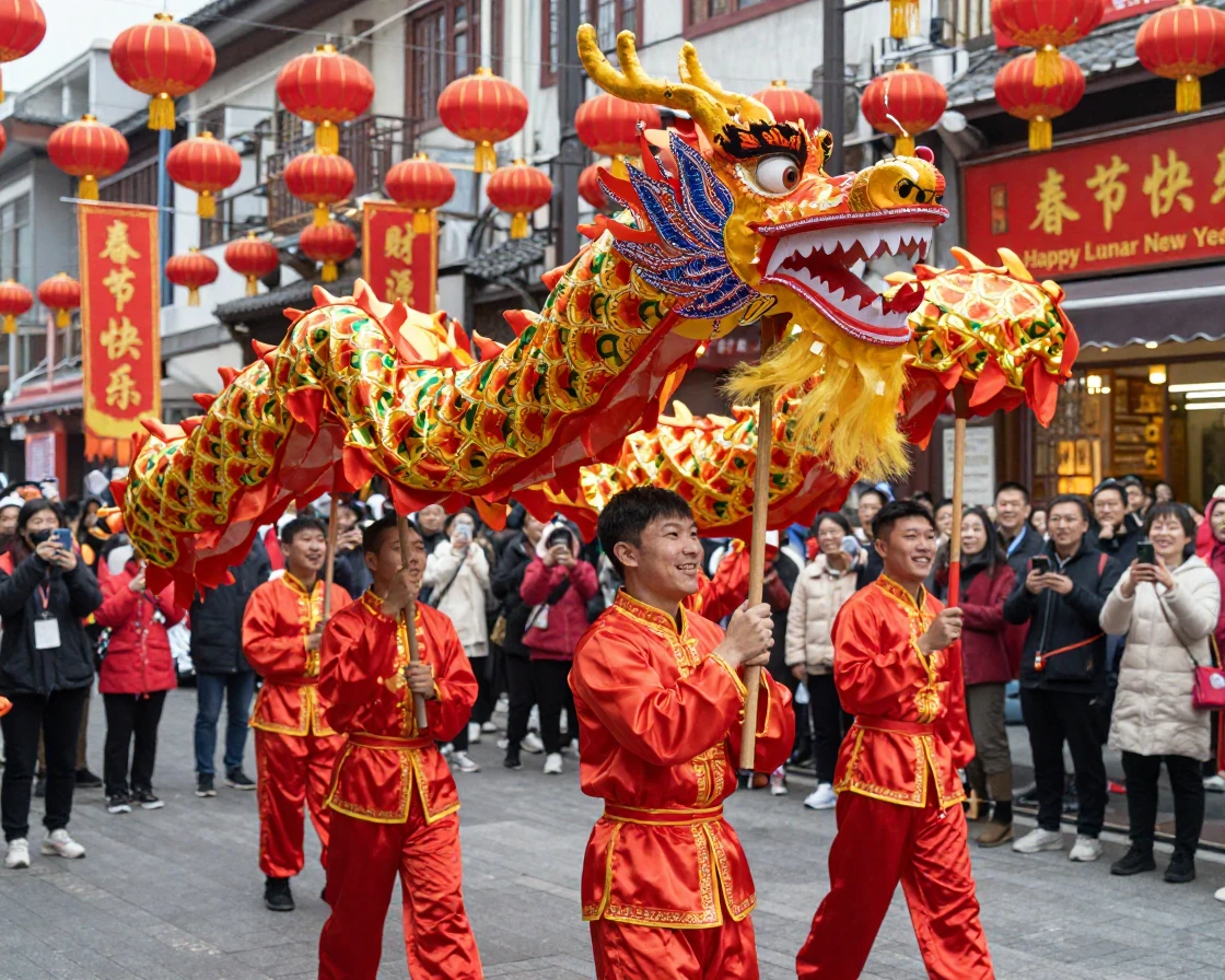 A traditional Chinese dragon dance during Lunar New Year