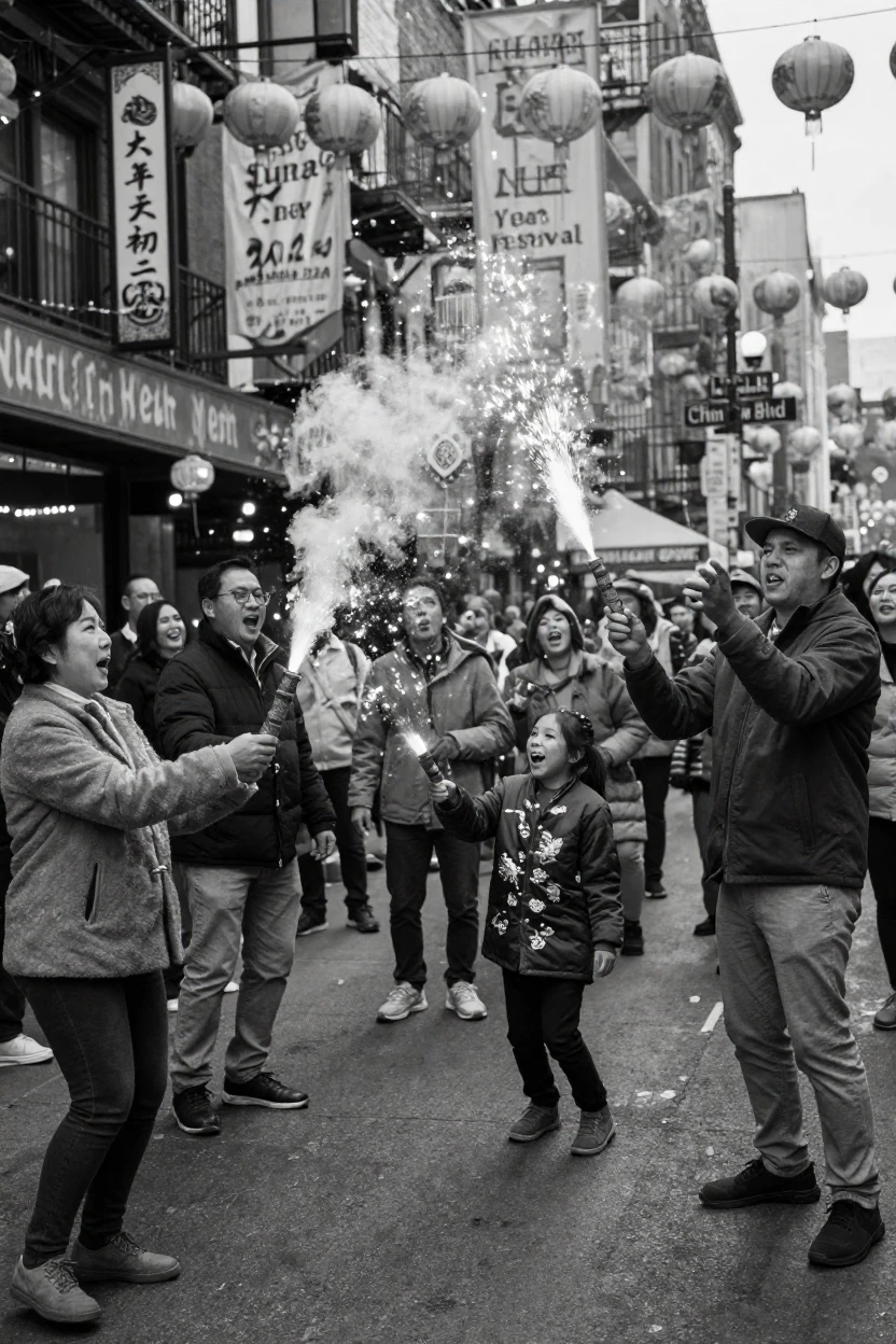A group celebrating Lunar New Year sets off strings of firecrackers along a decorated street.