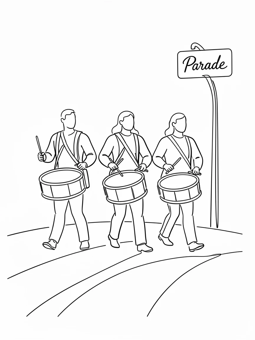 A marching band drumline performing in a parade down a city street