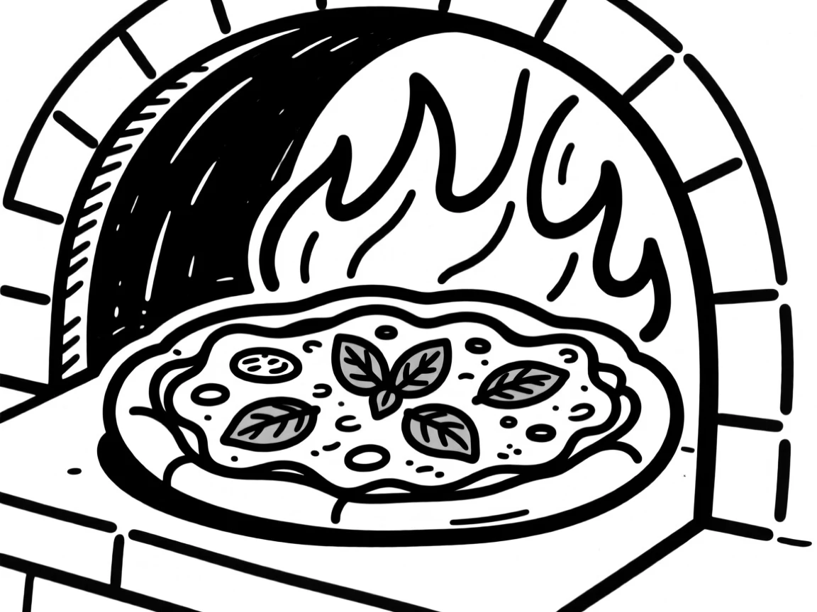 A wood-fired pizza fresh from the oven with bubbling cheese and basil.