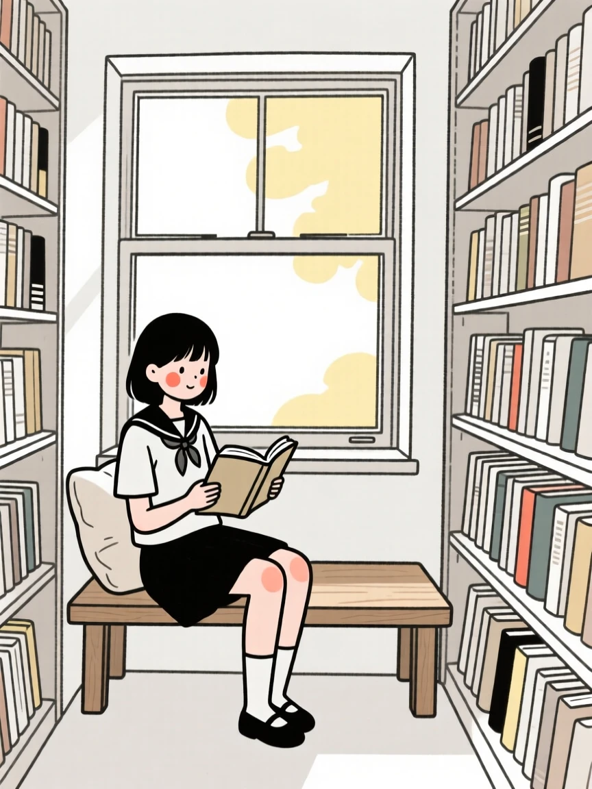 A college student reading in a sunny window nook, inside a vintage bookstore.