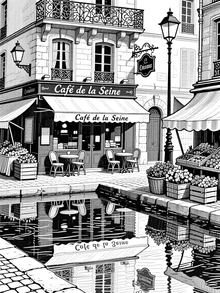 A parisian street cafe reflected in a still canal, featuring market stalls tucked into the corners, rendered in a rich with history architectural composition.