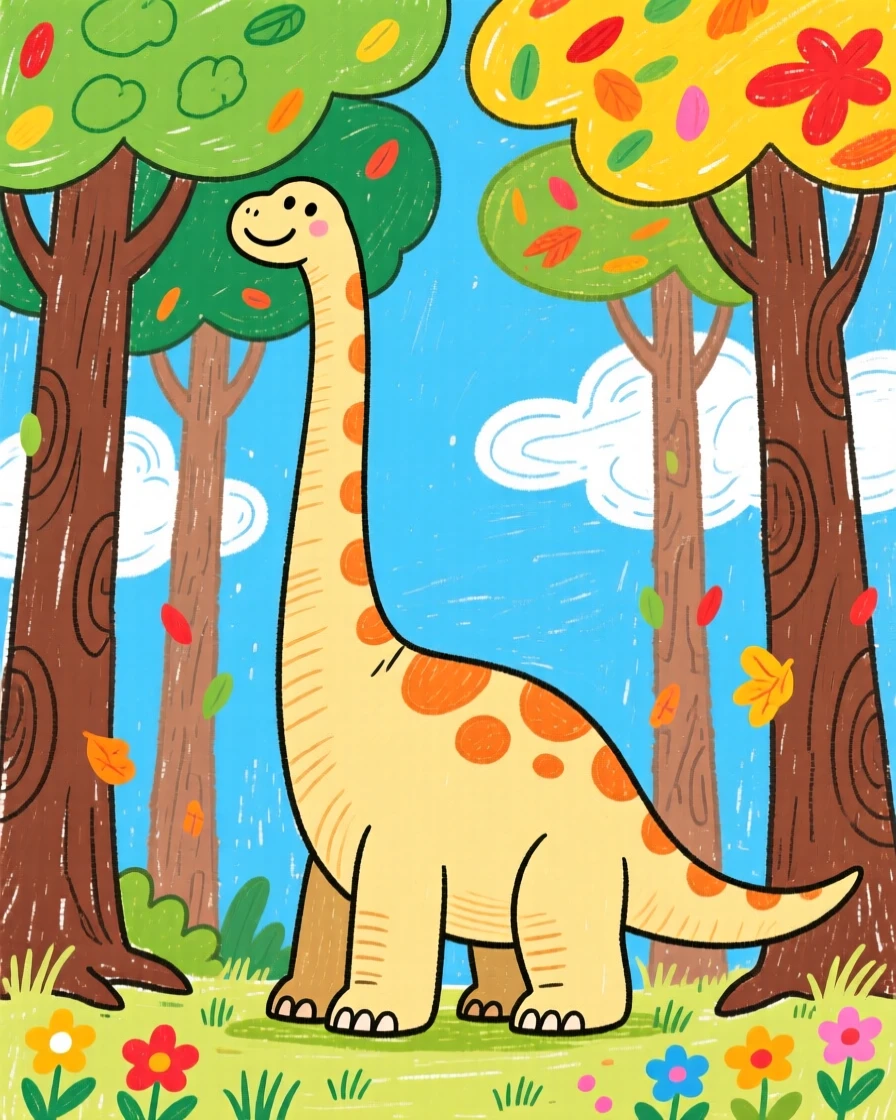 A towering brachiosaurus reaching the treetops under a canopy of ancient towering trees.