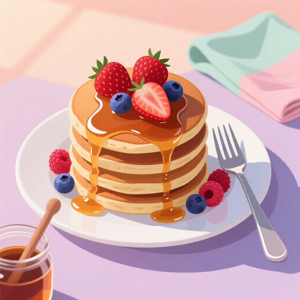 A stack of pancakes topped with syrup and fresh berries, arranged in a softly lit evening setting, arranged in a neatly styled flat lay composition, with gentle pastel tones evoking calm and comfort.