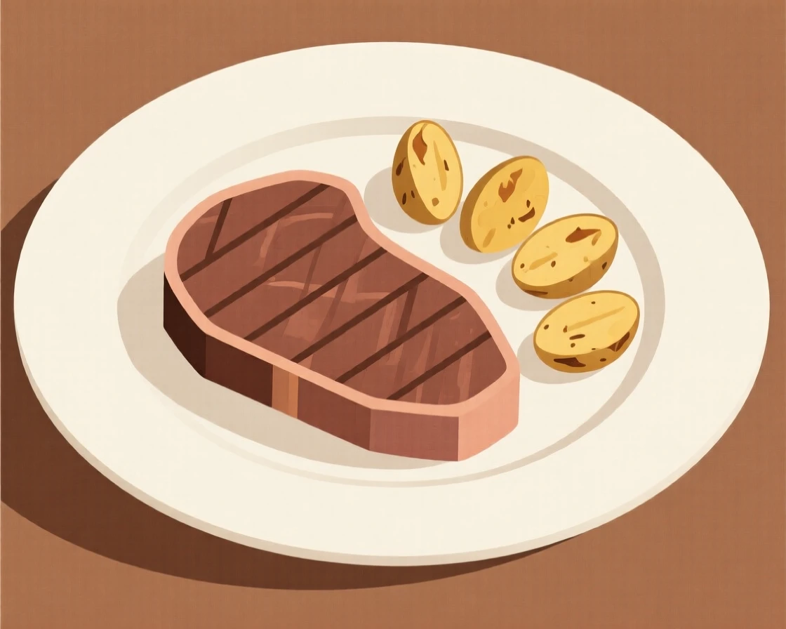 A grilled steak plated with roasted potatoes