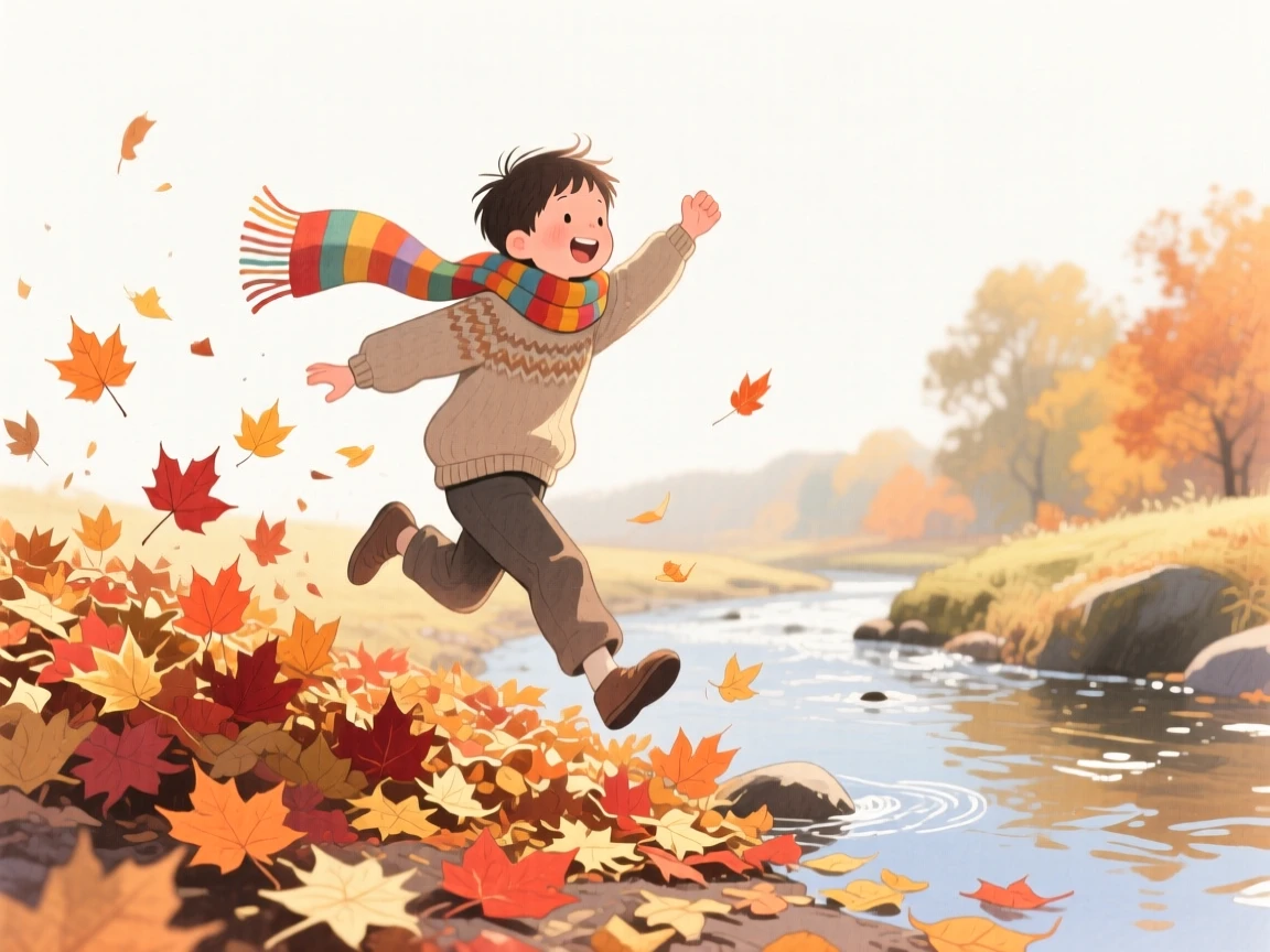 A boy with a striped scarf jumps through piles of autumn leaves near a babbling brook, laughter and joy filling the warm afternoon air