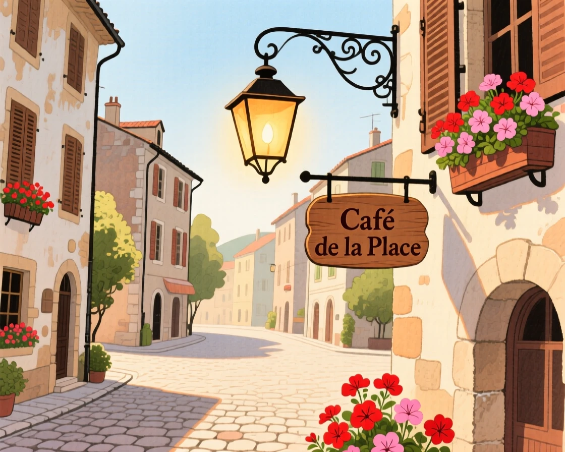A lantern-lit street in an old European town square, glowing in warm afternoon light.