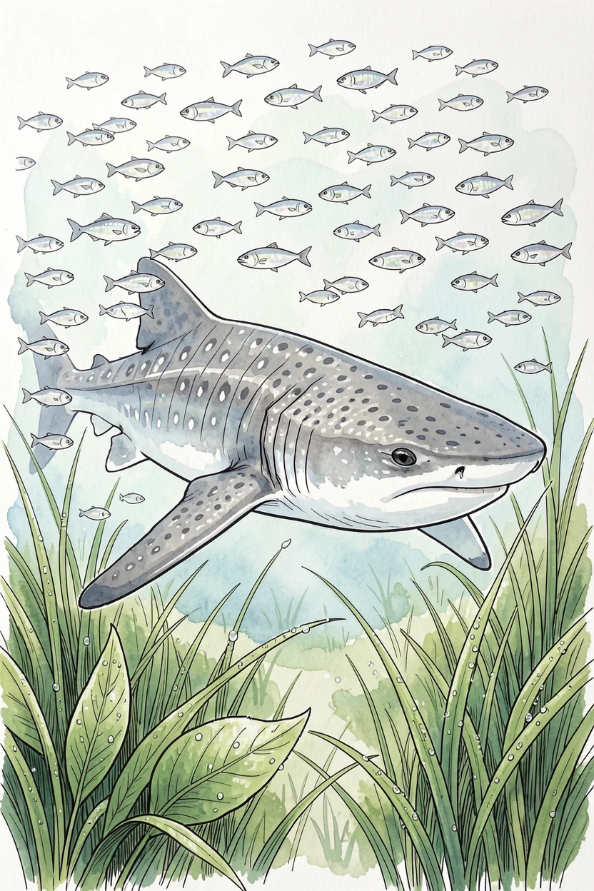 A whale shark gliding slowly through a school of small silver fish, morning dew still clinging to the grass and leaves nearby.