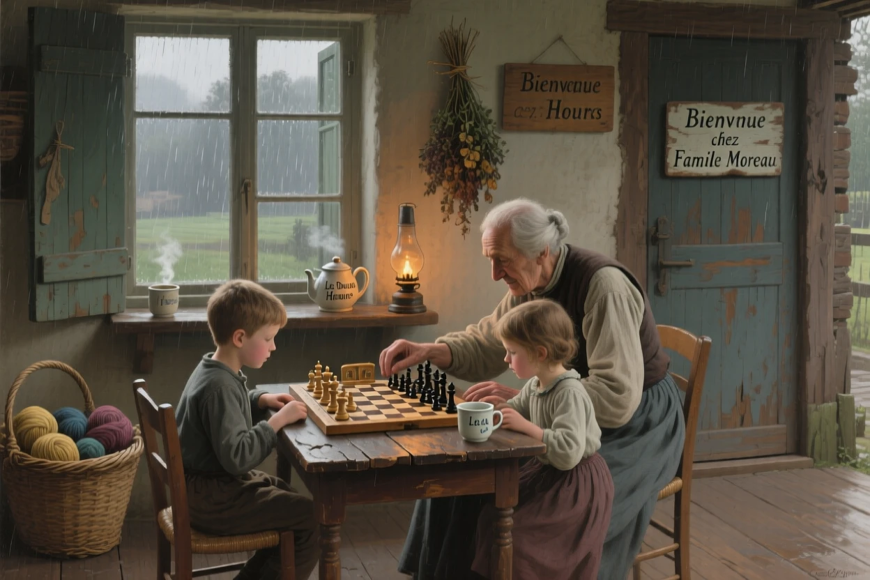 Grandparents teaching their grandchildren to play chess on a rainy afternoon, captured in a candid, unposed moment of togetherness, offering a heartwarming glimpse into ordinary, meaningful moments