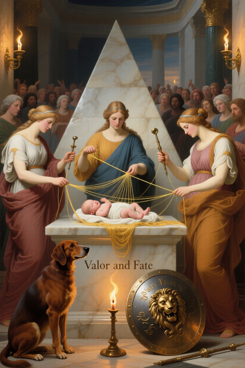 The three fates weaving the thread of a newborn's destiny just as the crowd falls silent in awe, set within a torch-lit palace hall of gleaming stone, with a faithful hound and a fallen shield resting nearby; the composition centers the hero in a pyramid of surrounding figures, capturing the timeless clash of glory and mortality.