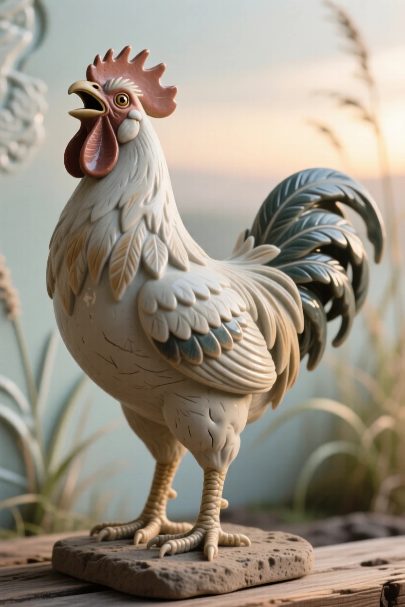 A rooster crowing at first light standing proudly with plumage on full display, outlined against a soft-focus natural backdrop, stirring quiet joy and gentle wonder.