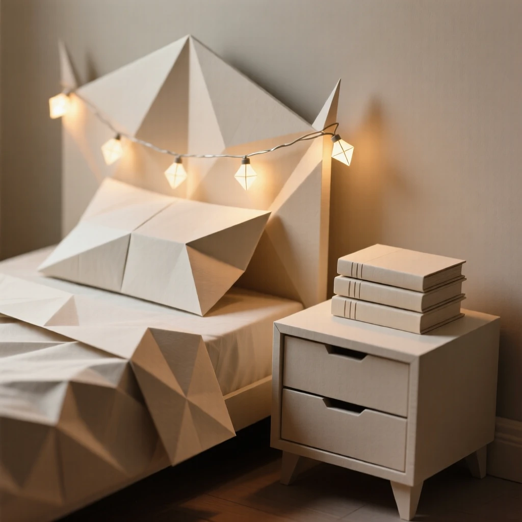 A cozy bedroom with fairy lights strung along the headboard and a stack of books on the nightstand.