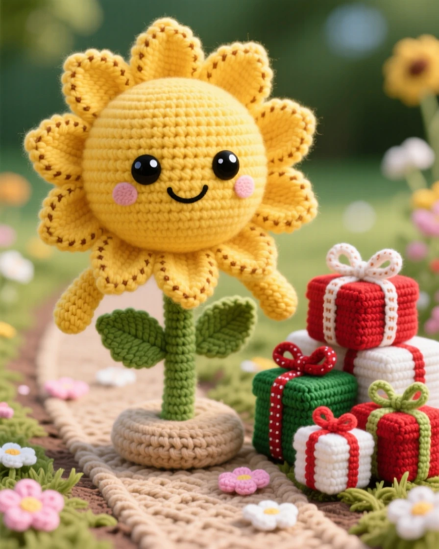 A festive scene of a cheerful sunflower character with a bright yellow face, standing tall in a late summer field within a peaceful garden path scattered with fallen petals; a small pile of wrapped presents nearby, radiating the joyful anticipation of a favorite season.