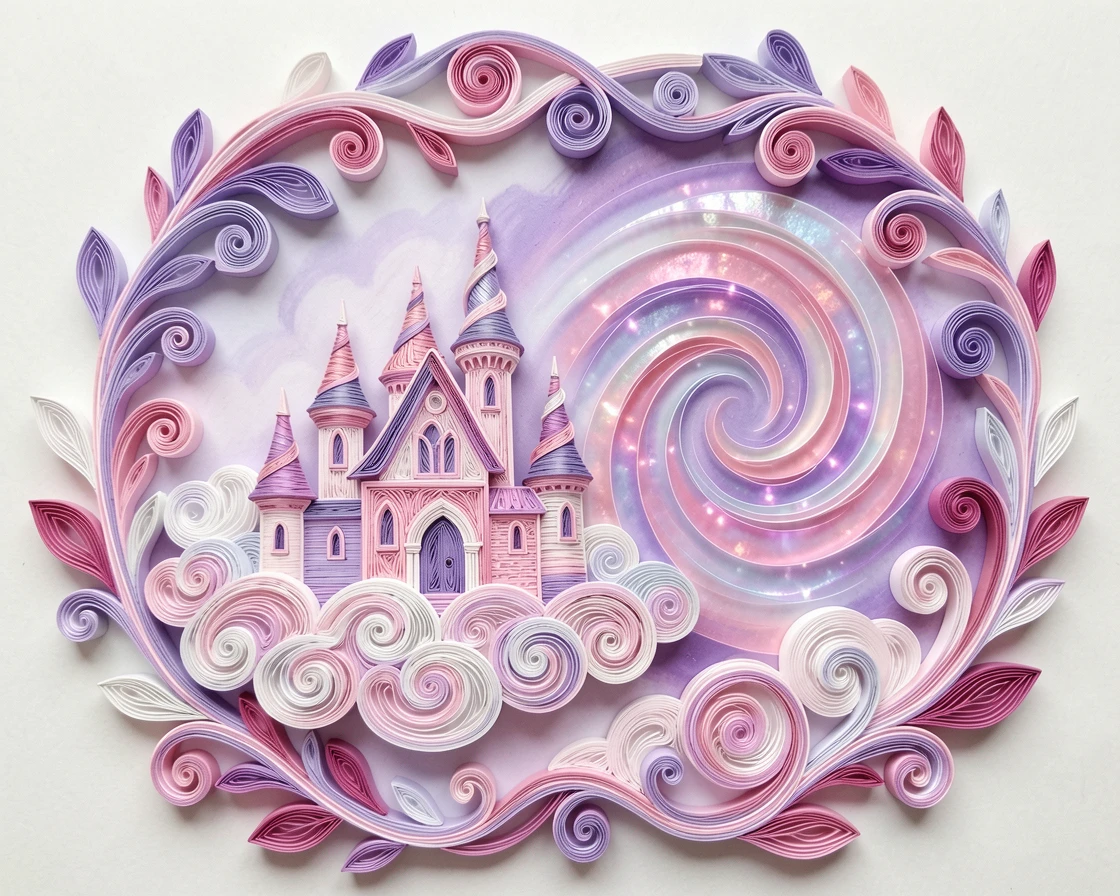 a magical castle floating among the clouds, beside a shimmering portal of swirling light, framed by an arch of twisting glowing vines, in dreamy pastel tones of lavender and rose.