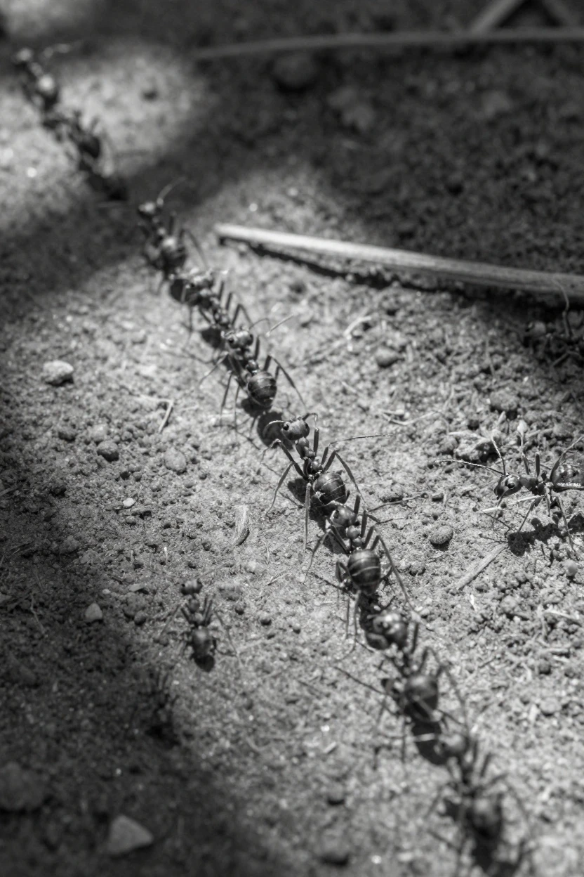 A colony of ants marches in a long single file across a sunlit patch of dirt.