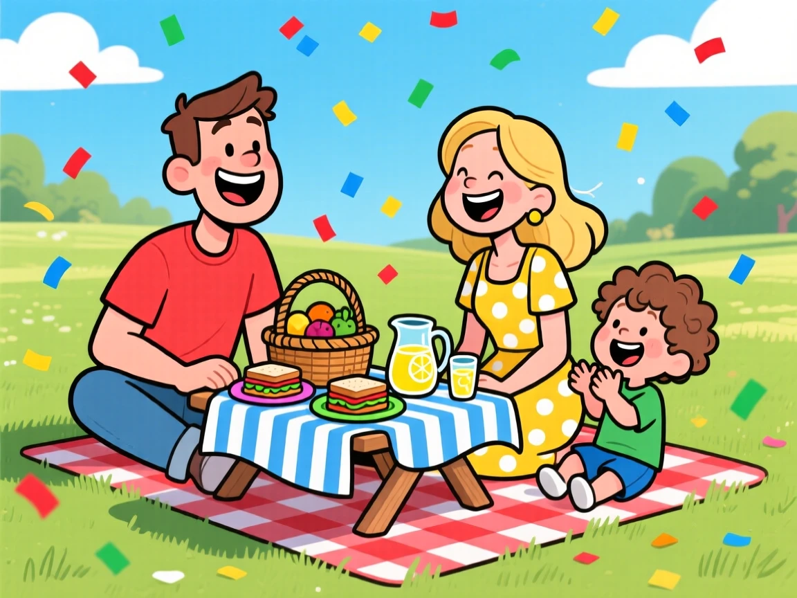A heartwarming scene of a young family having a picnic in the park with a wobbly tablecloth, as confetti drifts down around them.