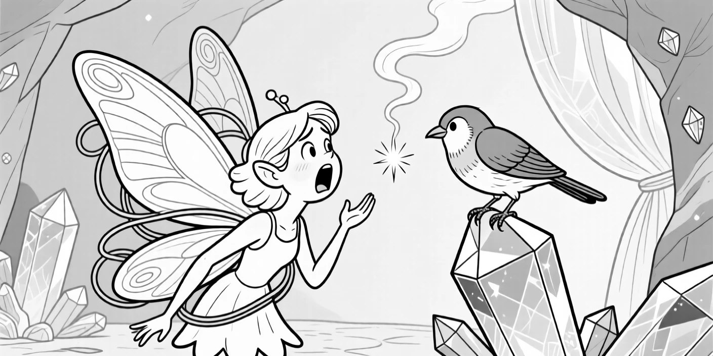 A tiny fairy tangled in her own oversized wings, shouting back at the bird's sarcastic remark, set deep inside a glittering gemstone mine. A stray spark sets a curtain gently smoldering. It feels like a page pulled from a beloved fairy tale.