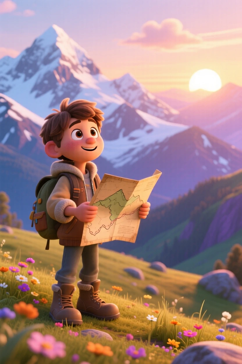 A young explorer with a map in hand stands in front of a snow-capped mountain range, watching the sun rise over the horizon. A quiet excitement for discovery lingers in the air, with warm golden light washing over everything.