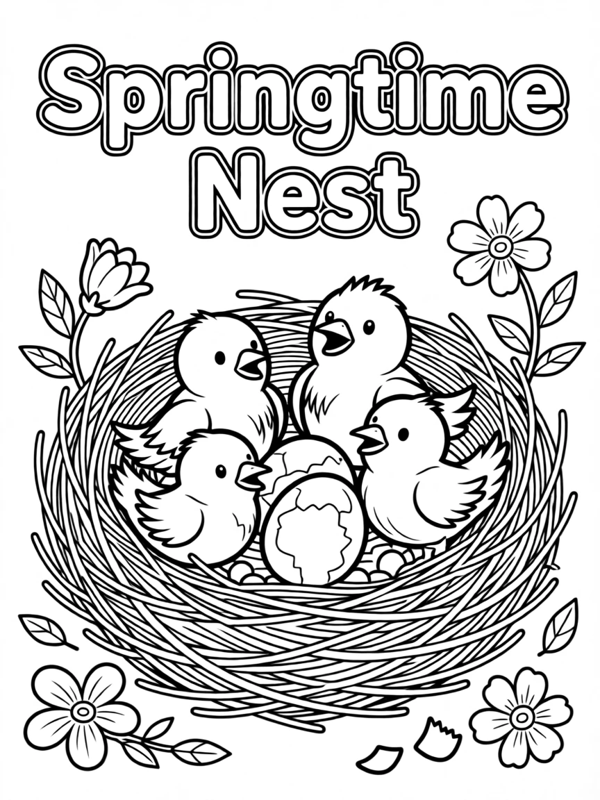A springtime nest full of baby birds hatching