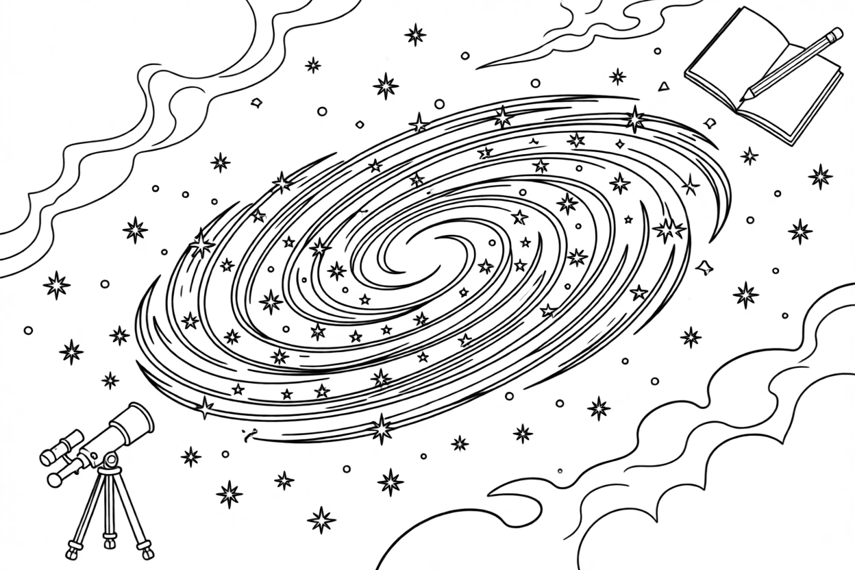 A spiral galaxy swirling with clusters of stars, with distant stars scattered like glitter across the sky.