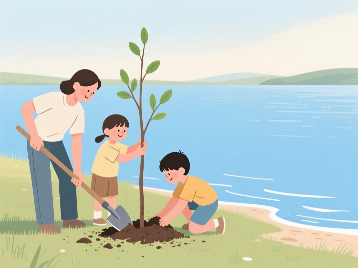 A family planting a tree together by the lake.