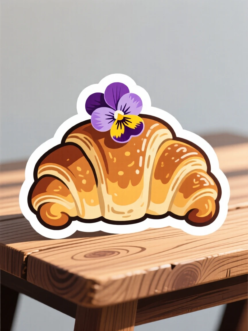 A colorful and vibrant fresh croissant with flaky layers, topped with a single edible flower, on a rustic wooden table with soft morning light.