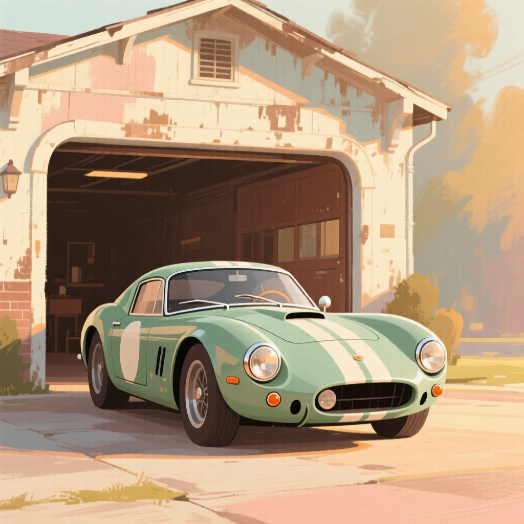 A vintage racing car parked in front of a grand old garage