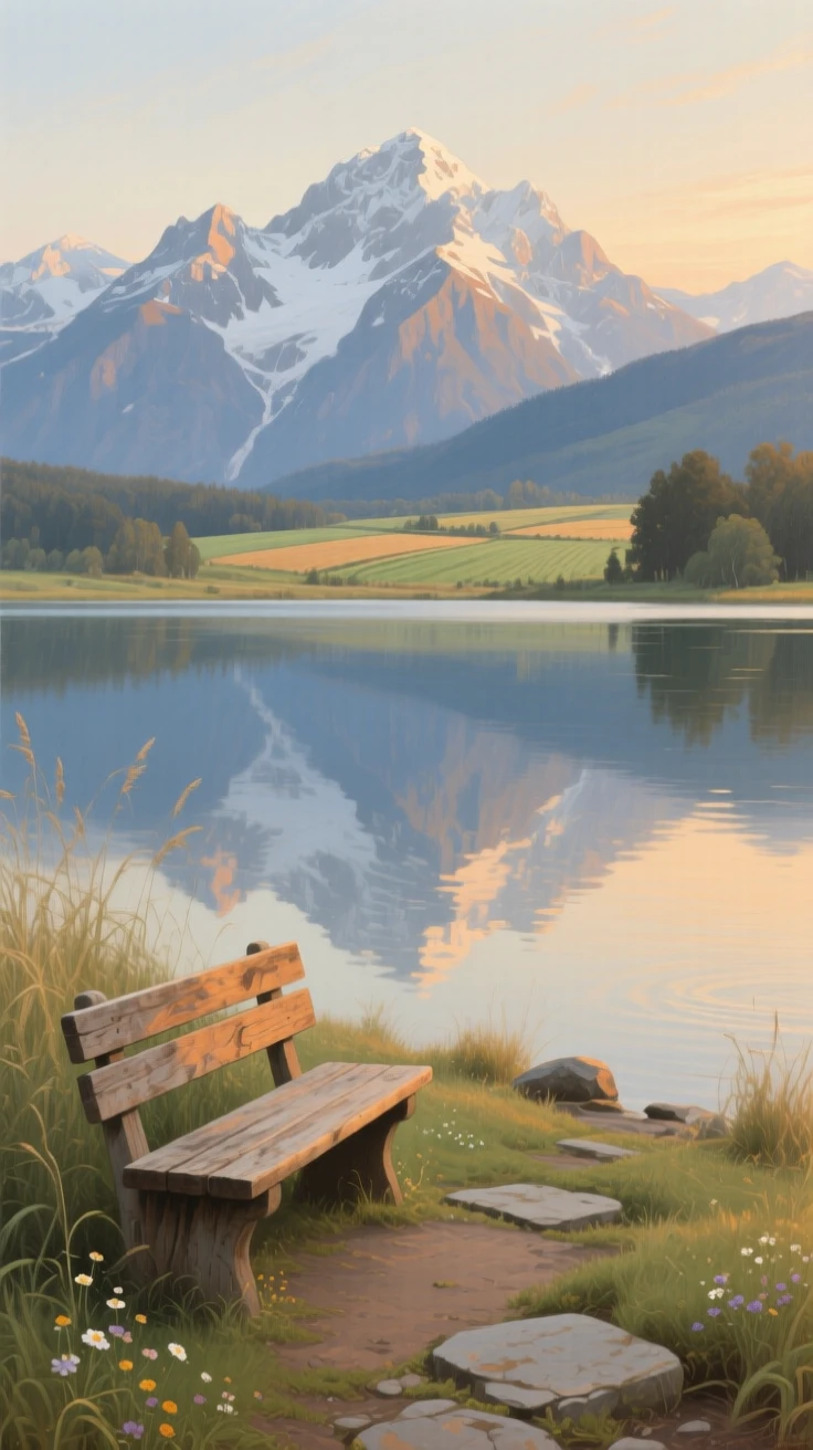 A tranquil lake reflecting snow-capped mountains at dawn alive with the quiet motion of wind and water, set at the edge where cultivated land meets wild nature, with a weathered bench or stone path inviting quiet contemplation; foreground detail frames a sweeping, luminous background, suggesting harmony between the natural world and the soul.