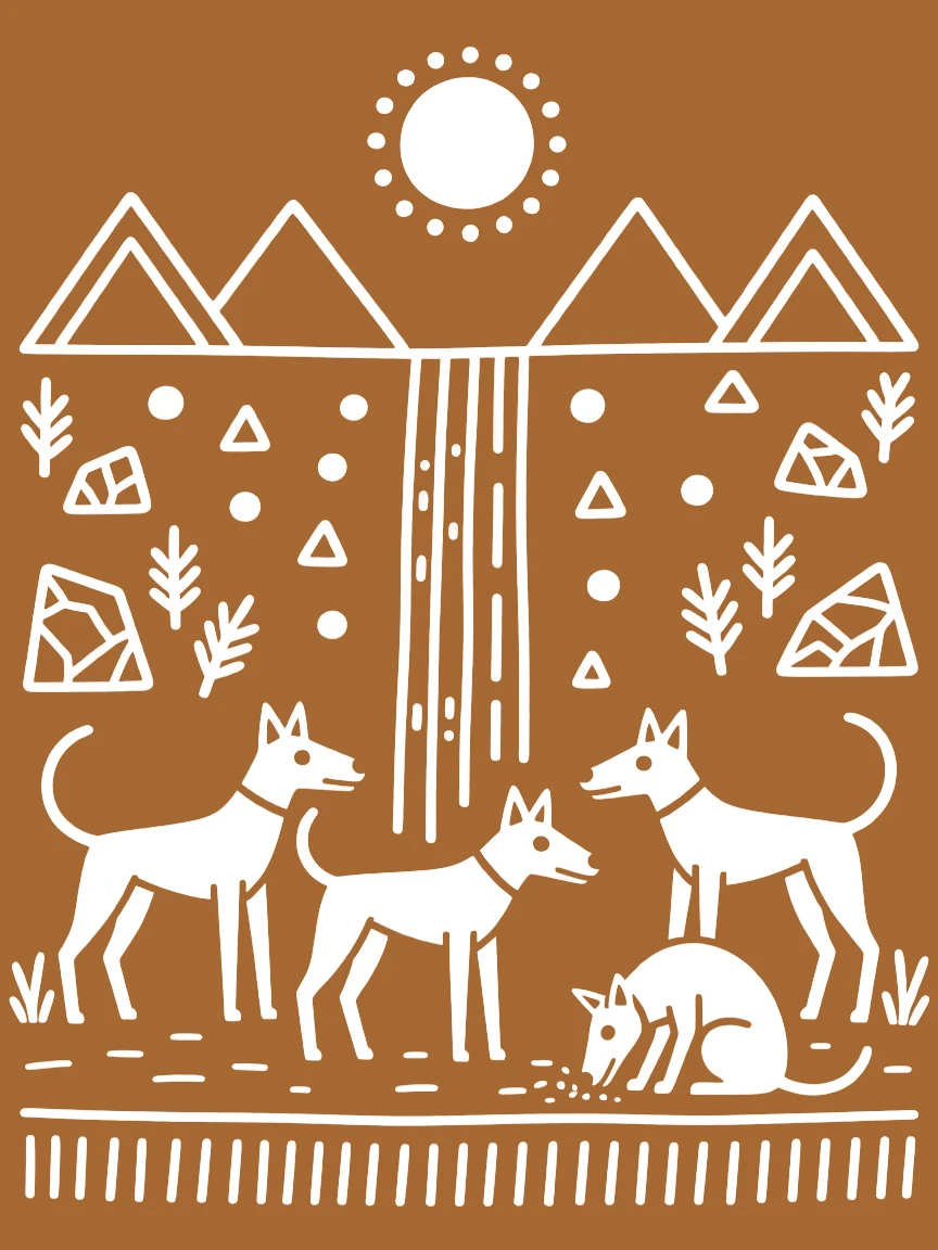 A pack of wild dogs gathered near a waterfall.