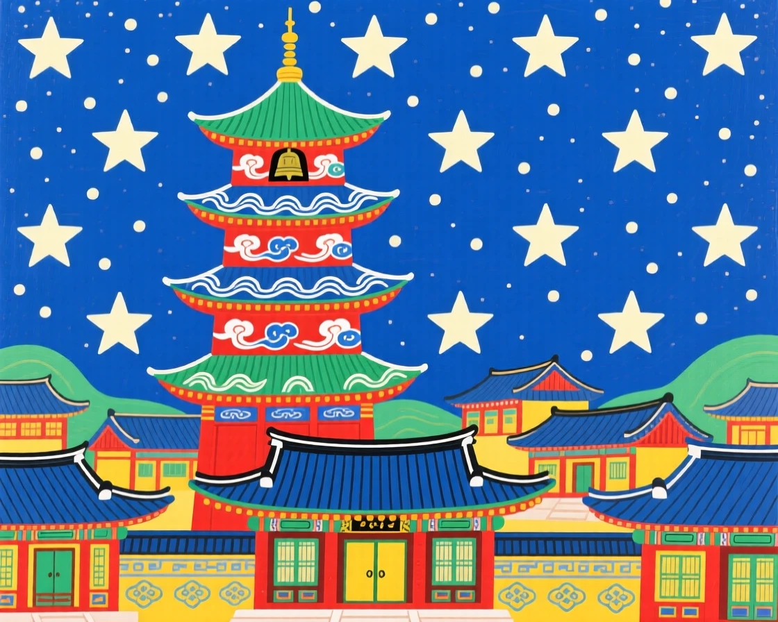 A bell tower rising above a temple complex beneath a sky full of stars.