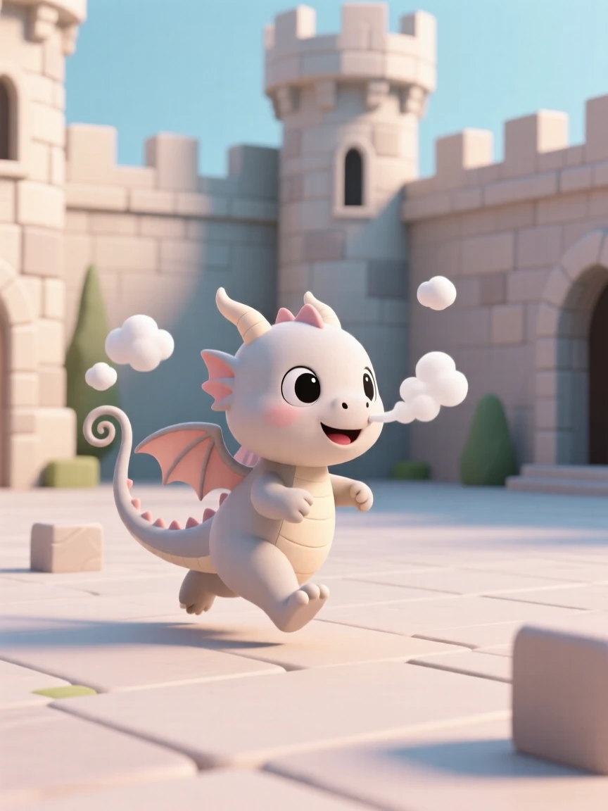 A baby dragon hiccups tiny puffs of smoke while chasing its own tail across a castle courtyard.