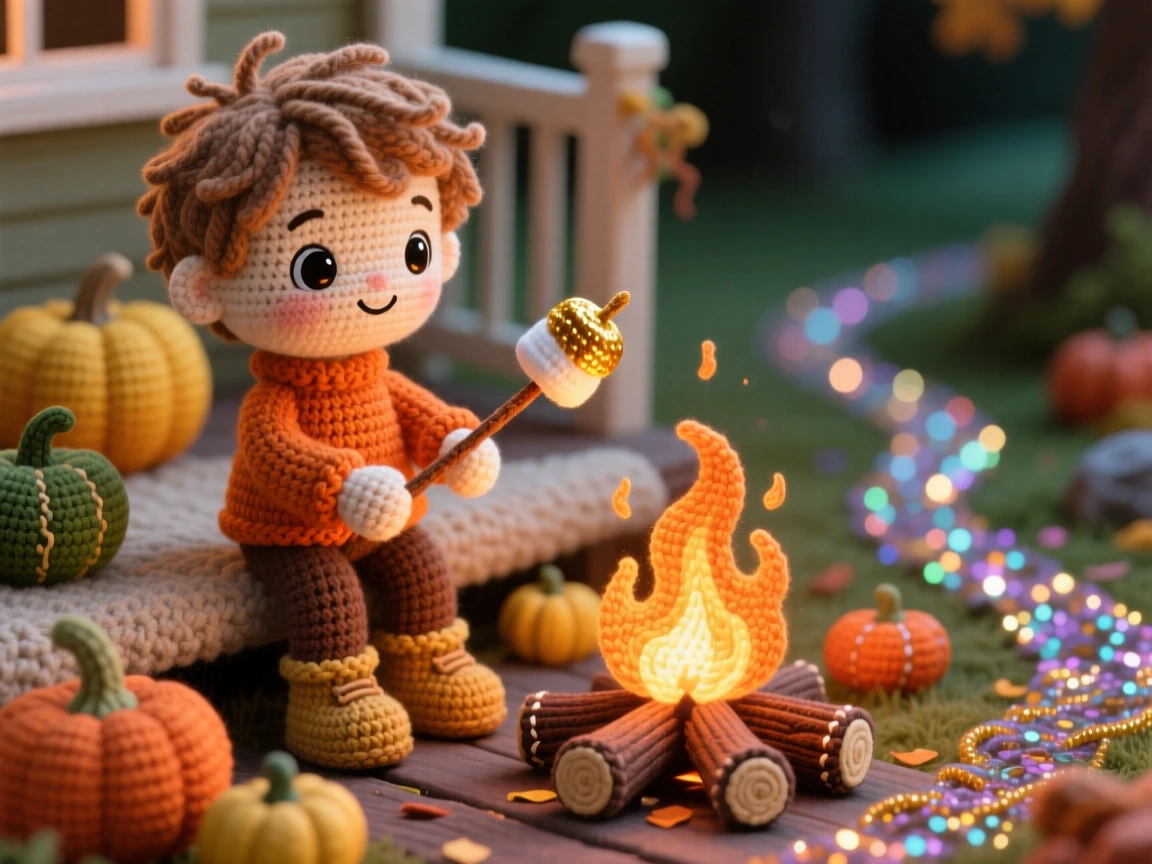 a small boy roasting marshmallows, beside a crackling campfire, is shown holding a stick with a golden marshmallow in a cozy porch decorated with autumn gourds beside a trail of glittering confetti, capturing quiet, comforting seasonal tradition.