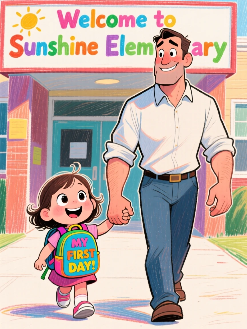 A father walking hand-in-hand with his toddler on her first day of school.