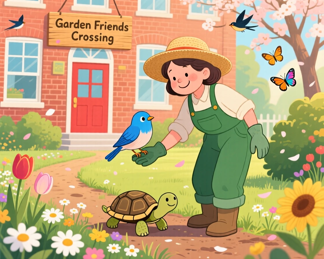 In a garden behind a school, a small bird and a kind gardener bond over helping a turtle safely cross a path, while a soft breeze carries away any worry.