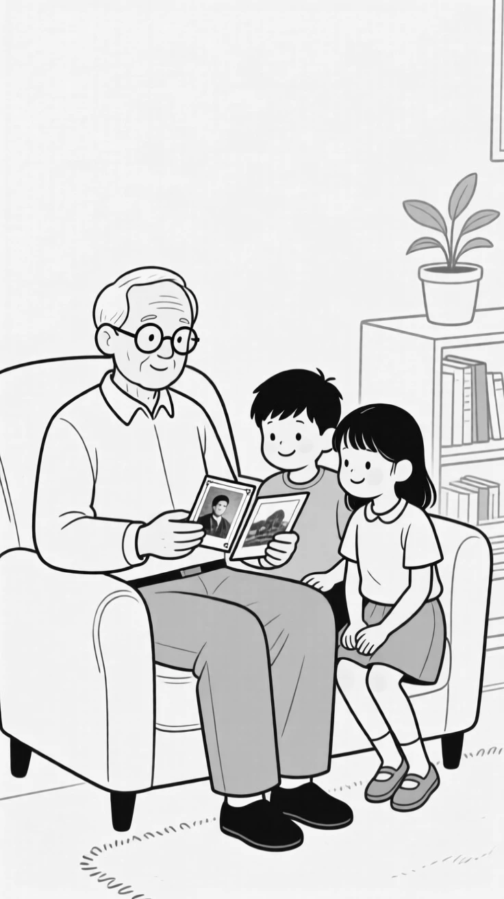 A grandfather showing his grandchildren old photographs