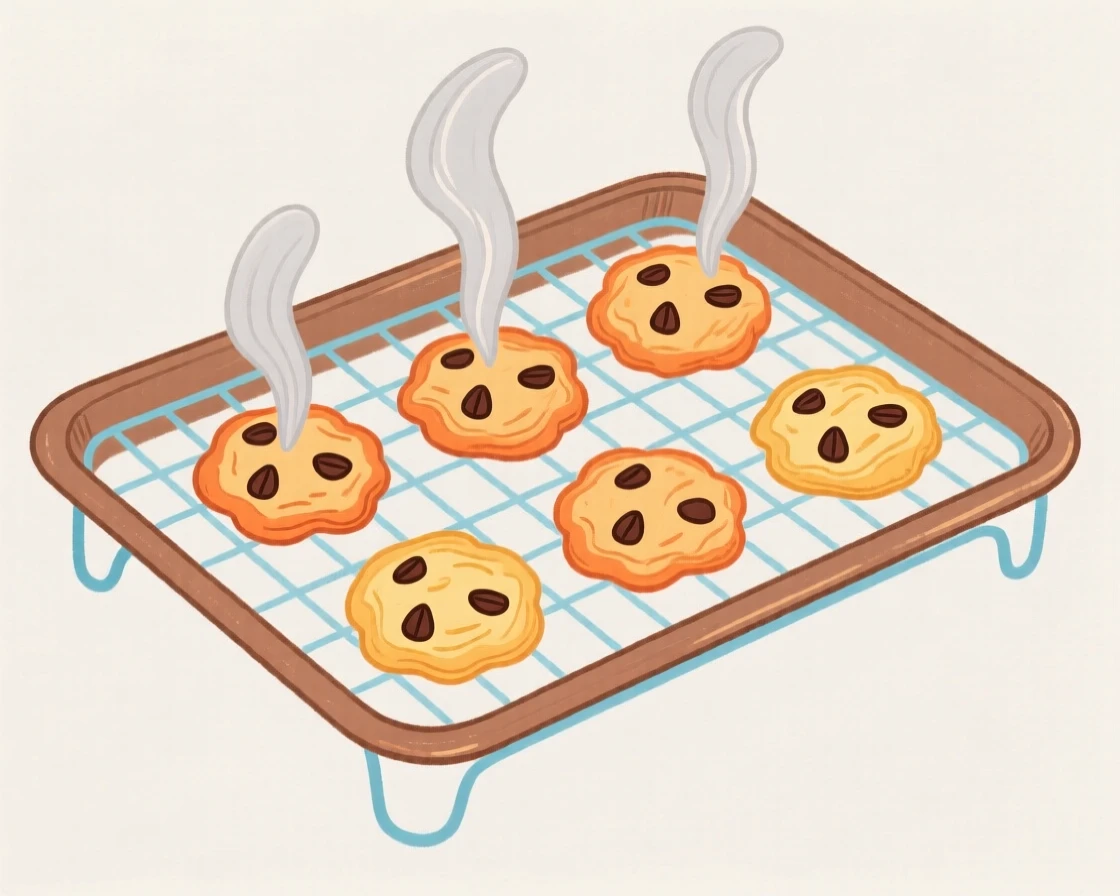 A tray of freshly baked cookies cooling on a rack.