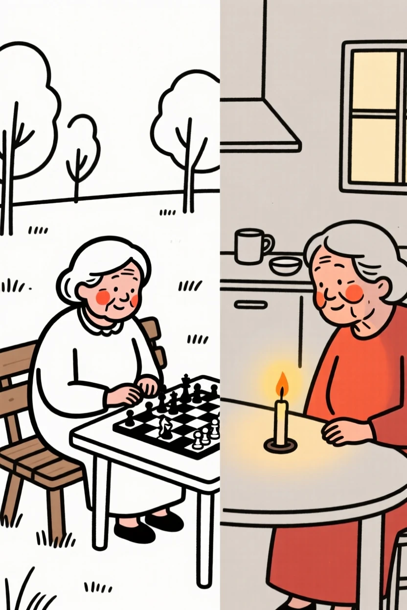 A grandmother of Brazilian heritage playing chess in a quiet park, in a cozy candlelit kitchen.