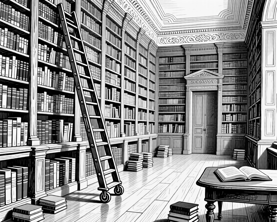 A grand library with towering bookshelves and a rolling ladder.